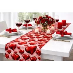   Tischläufer 50 cm x 9 m mit Herzmuster + Taftband 50 m – Leidenschaft in Rot
