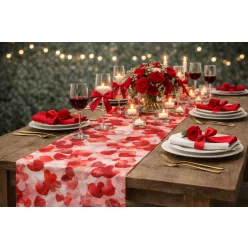   Tischläufer 50 cm x 9 m mit Herzmuster + Taftband 50 m – Rot