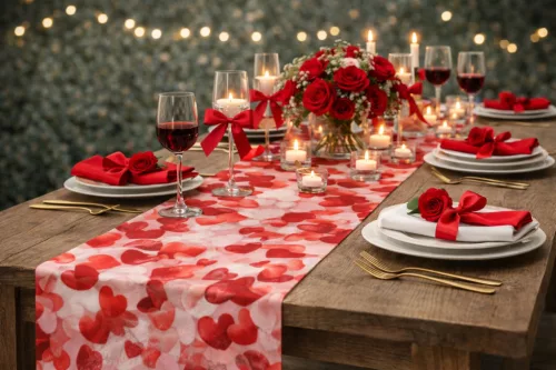 Tischläufer 50 cm x 9 m mit Herzmuster + Taftband 50 m – Rot