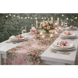   Tischläufer 50 cm x 9 m mit Blumenmuster + Taftband 50 m – Rosa