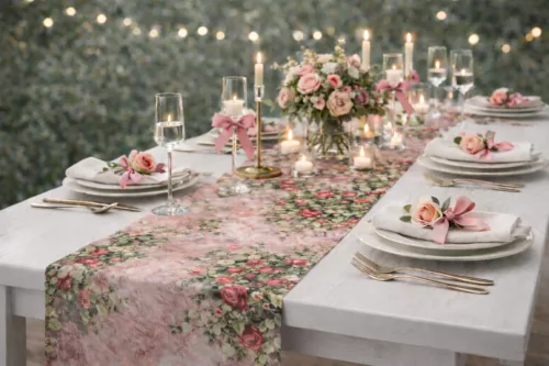 Asztali futó 50x9 m virágmintás + taft szalag 50 m – Soft Elegance