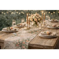   Tischläufer 50 cm x 9 m mit Blumenmuster + Taftband 50 m – Champagne