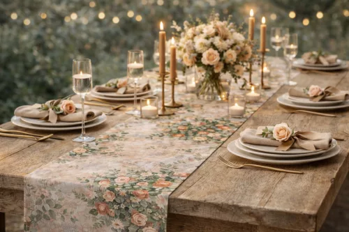 Tischläufer 50 cm x 9 m mit Blumenmuster + Taftband 50 m – Champagne