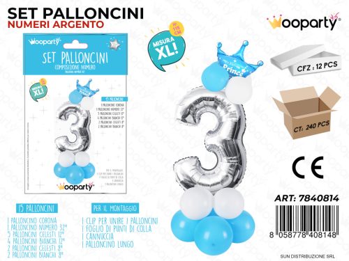 Folienballon-Set blau 115 cm – Zahl 3 – 15 Stück / Packung