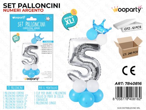Folienballon-Set blau 115 cm – Zahl 5 – 15 Stück / Packung