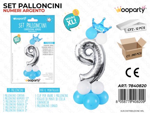 Folienballon-Set blau 115 cm – Zahl 9 – 15 Stück / Packung