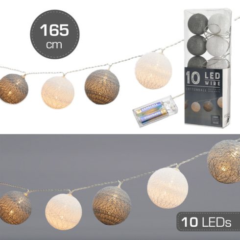 LED Lichterk. Cottonball, weiß/grau, 10LED, ca. 165cm, 6cmD