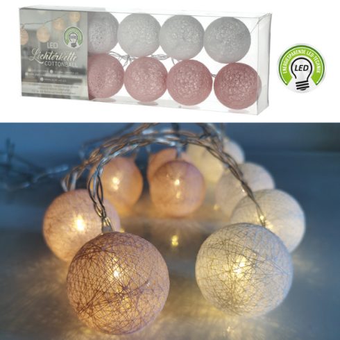 LED Lichterk. Cottonball, weiß/rosa, 10LED, ca. 300cmL, 6cmD