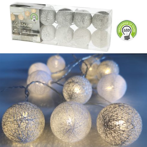 LED Lichterk. Cottonball, weiß/silb, 10LED, ca. 300cmL, 4cmD