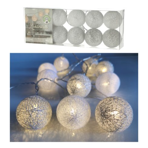 LED Lichterk. Cottonball, weiß/silb, 10LED, ca. 300cmL, 6cmD