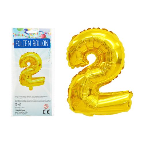 Folienballon, Zahl, 2, ca. 80cmH, gold