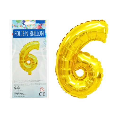 Folienballon, Zahl, 6, ca. 80cmH, gold